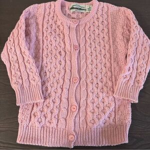 Aran Crafts Ireland Merino Wool Cable Knit Cardigan Pink Girls 6-7 Chunky Knit